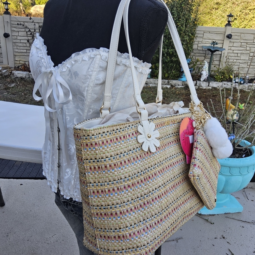 Betsey Johnson Multicolor Woven Tote with Floral Accents - Picture 5 of 7